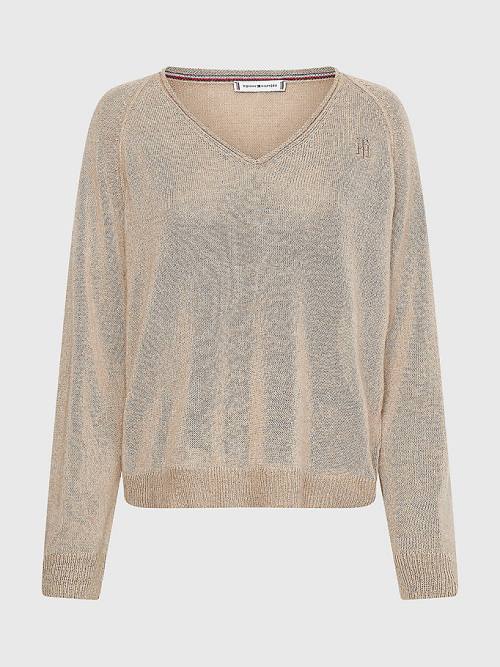 Beige Tommy Hilfiger Relaxed Fit V-Neck Jumper Women's Sweaters | TH756JED