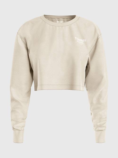 Beige Tommy Hilfiger Relaxed Logo Tape Long Sleeve Women's T Shirts | TH720UKG