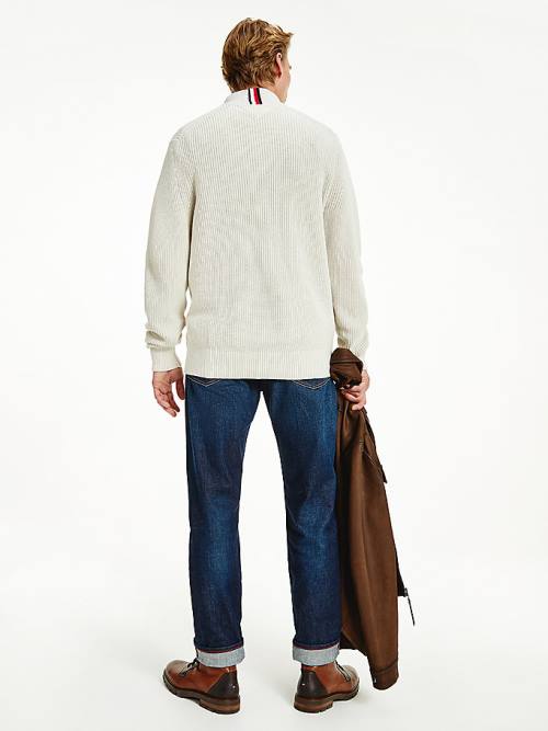 Beige Tommy Hilfiger Ribbed Half-Zip Relaxed Fit Jumper Men's Sweaters | TH629CSV