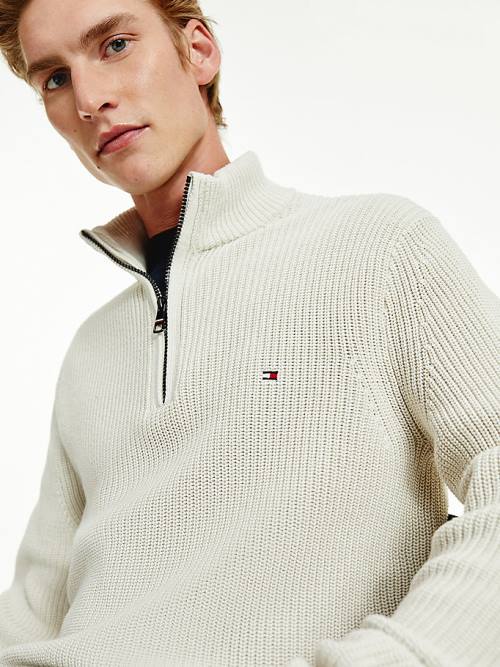 Beige Tommy Hilfiger Ribbed Half-Zip Relaxed Fit Jumper Men's Sweaters | TH629CSV