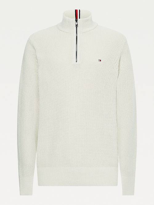 Beige Tommy Hilfiger Ribbed Half-Zip Relaxed Fit Jumper Men's Sweaters | TH629CSV