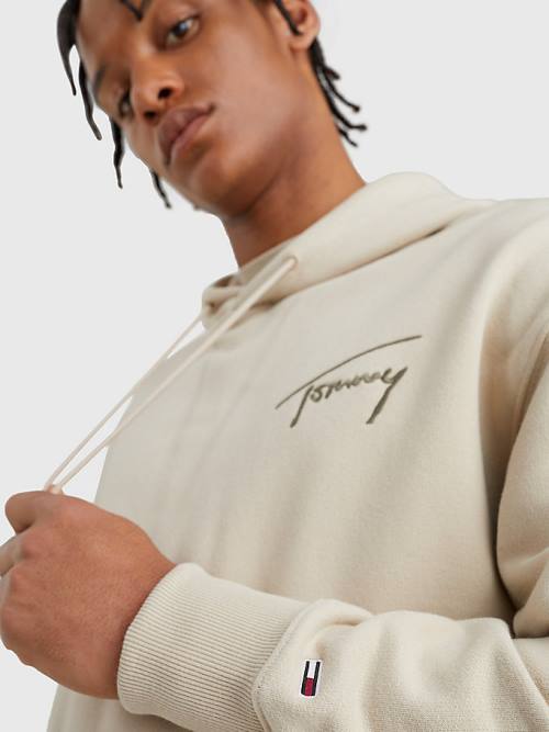 Beige Tommy Hilfiger Signature Logo Relaxed Fit Men's Hoodie | TH897EGM