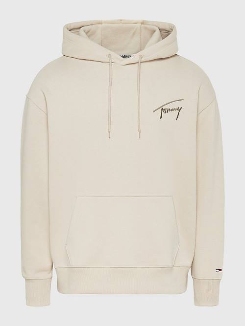 Beige Tommy Hilfiger Signature Logo Relaxed Fit Men's Hoodie | TH897EGM