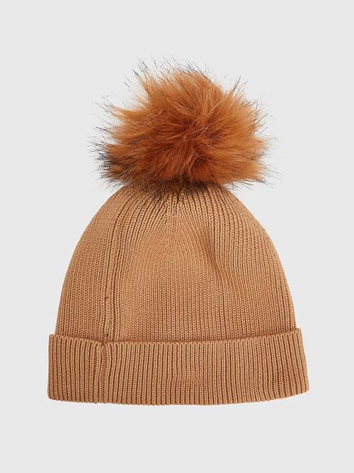 Beige Tommy Hilfiger Signature Pom Pom Beanie Women's Hats | TH269DCR