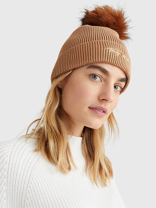 Beige Tommy Hilfiger Signature Pom Pom Beanie Women's Hats | TH269DCR