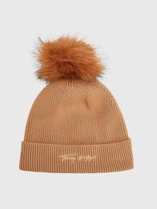 Beige Tommy Hilfiger Signature Pom Pom Beanie Women\'s Hats | TH269DCR