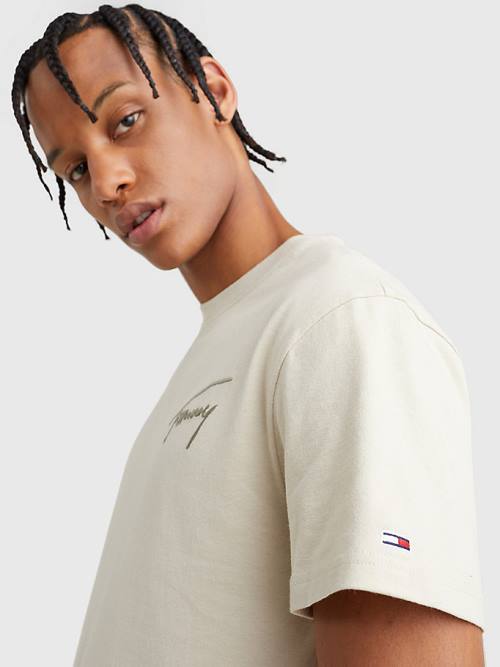 Beige Tommy Hilfiger Signature Recycled Cotton Men's T Shirts | TH250UAV