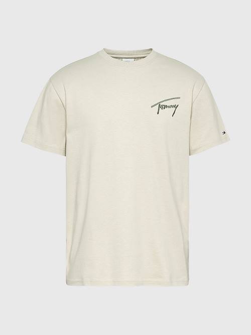 Beige Tommy Hilfiger Signature Recycled Cotton Men's T Shirts | TH250UAV