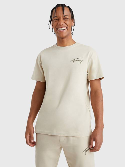 Beige Tommy Hilfiger Signature Recycled Cotton Men\'s T Shirts | TH250UAV