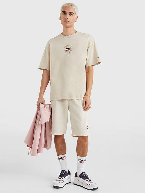 Beige Tommy Hilfiger Skate Fit Logo Men's T Shirts | TH485IXD