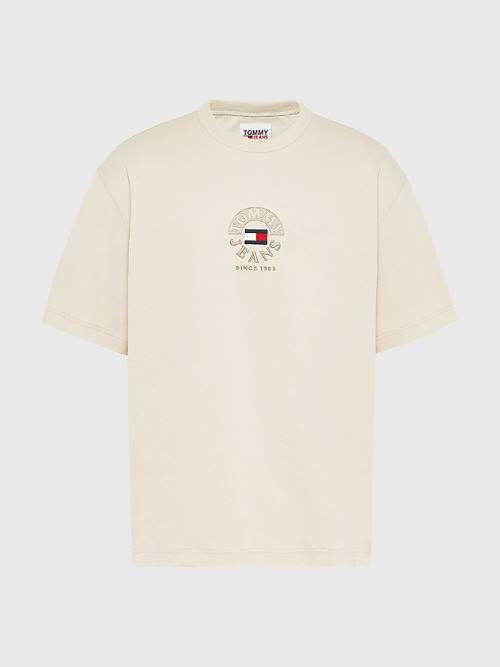 Beige Tommy Hilfiger Skate Fit Logo Men's T Shirts | TH485IXD