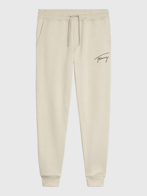 Beige Tommy Hilfiger Slim Fleece Signature Joggers Men's Pants | TH053CEU