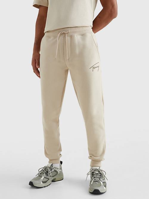 Beige Tommy Hilfiger Slim Fleece Signature Joggers Men\'s Pants | TH053CEU