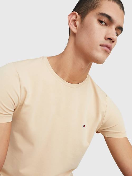 Beige Tommy Hilfiger Stretch Organic Cotton Slim Fit Men's T Shirts | TH173OAE