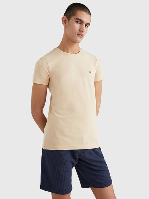 Beige Tommy Hilfiger Stretch Organic Cotton Slim Fit Men\'s T Shirts | TH173OAE