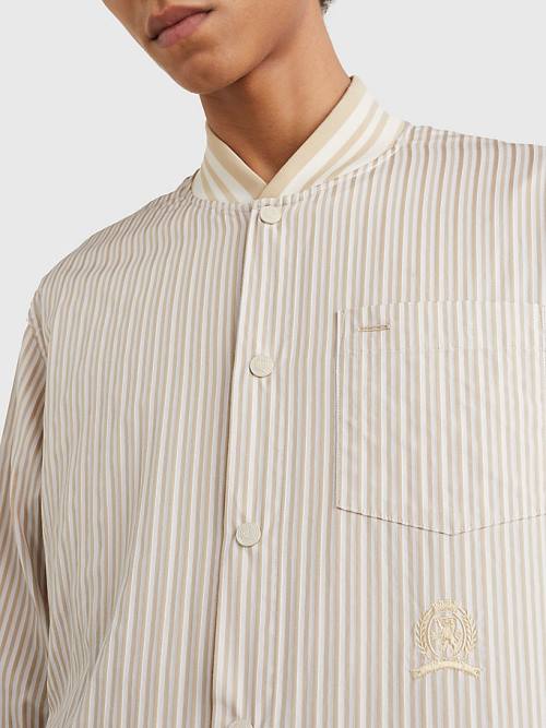 Beige Tommy Hilfiger Stripe Baseball Collar Cotton Men's Shirts | TH531KNH