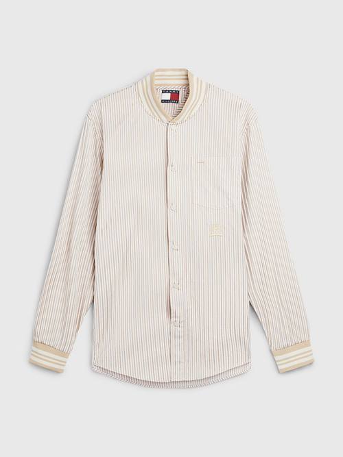 Beige Tommy Hilfiger Stripe Baseball Collar Cotton Men's Shirts | TH531KNH