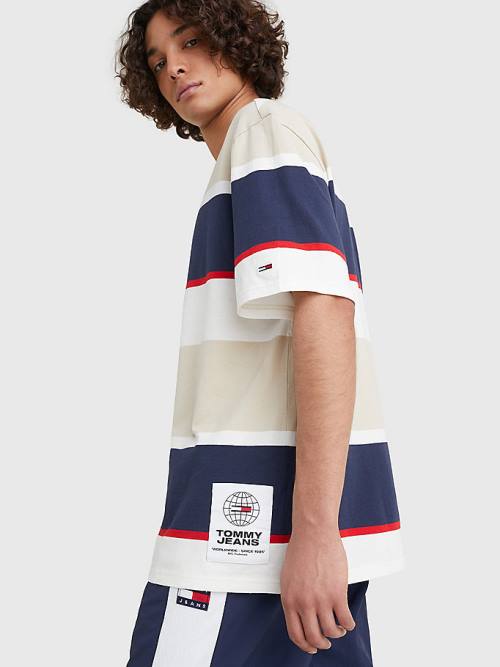 Beige Tommy Hilfiger Stripe Organic Cotton Men's T Shirts | TH613XQO