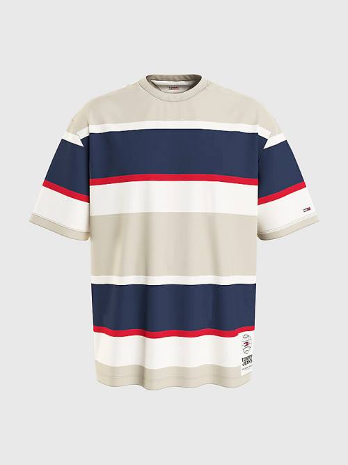 Beige Tommy Hilfiger Stripe Organic Cotton Men's T Shirts | TH613XQO