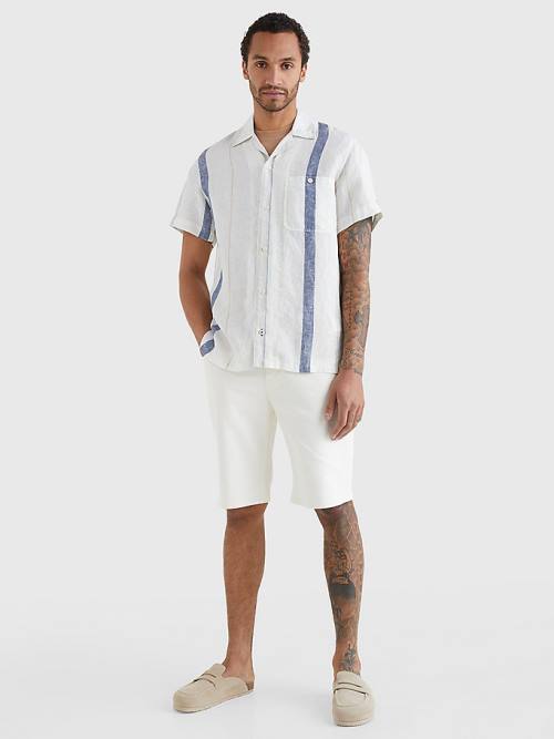 Beige Tommy Hilfiger Stripe Short Sleeve Linen Men's Shirts | TH602WOQ