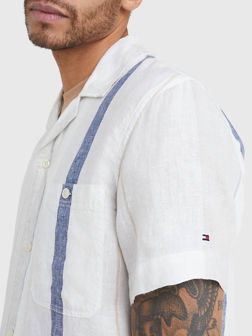 Beige Tommy Hilfiger Stripe Short Sleeve Linen Men's Shirts | TH602WOQ