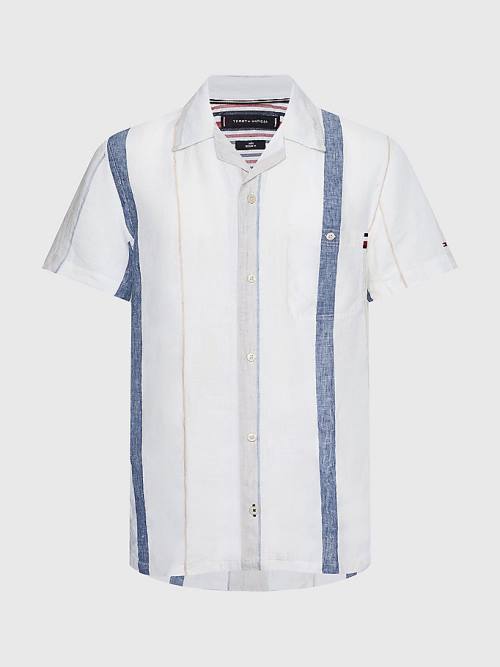 Beige Tommy Hilfiger Stripe Short Sleeve Linen Men\'s Shirts | TH602WOQ