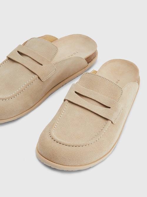 Beige Tommy Hilfiger Suede Slip-On Mules Men's Sandals | TH721HQV