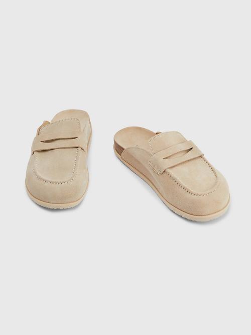 Beige Tommy Hilfiger Suede Slip-On Mules Men's Sandals | TH721HQV