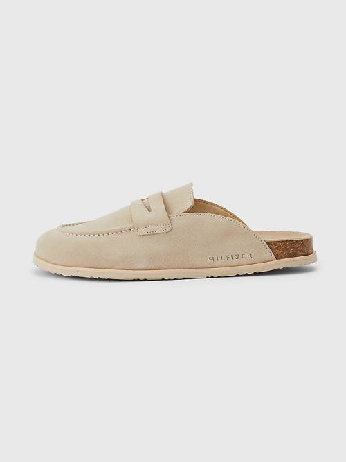 Beige Tommy Hilfiger Suede Slip-On Mules Men's Sandals | TH721HQV