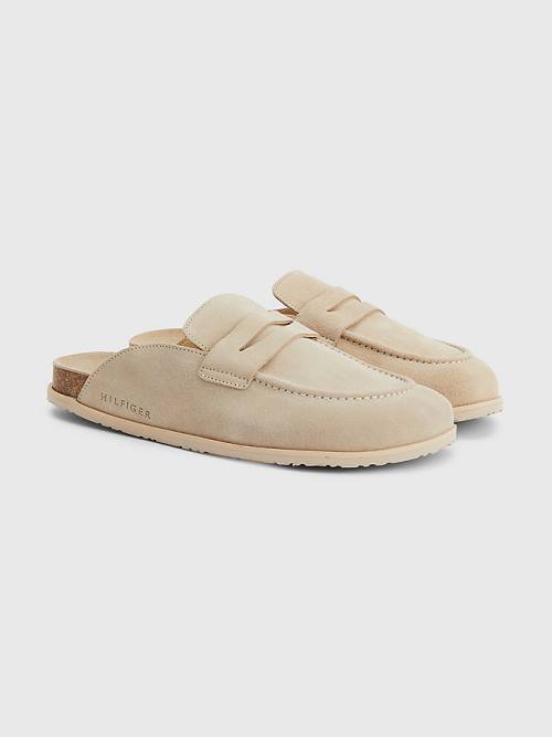 Beige Tommy Hilfiger Suede Slip-On Mules Men\'s Sandals | TH721HQV