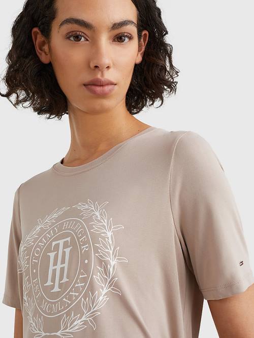 Beige Tommy Hilfiger Sueded Crest Women's T Shirts | TH231WZI