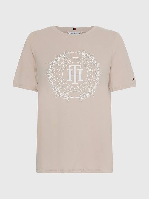 Beige Tommy Hilfiger Sueded Crest Women's T Shirts | TH231WZI