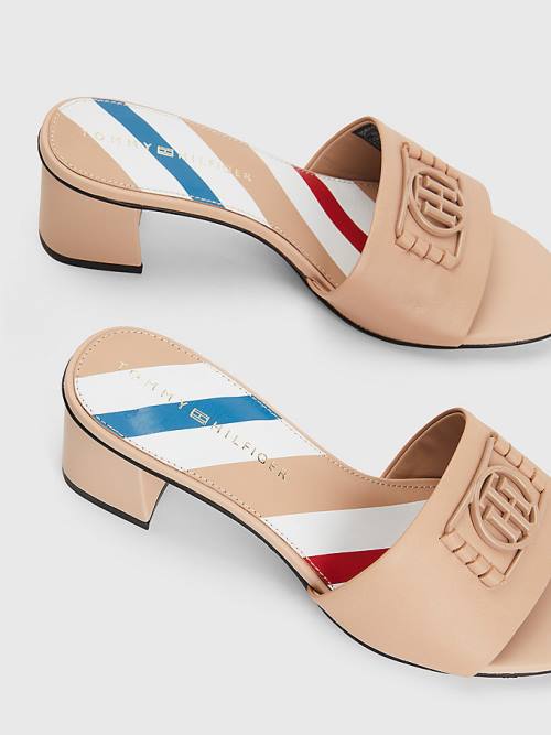 Beige Tommy Hilfiger TH Monogram Block Heel Leather Mules Women's Sandals | TH831ENR