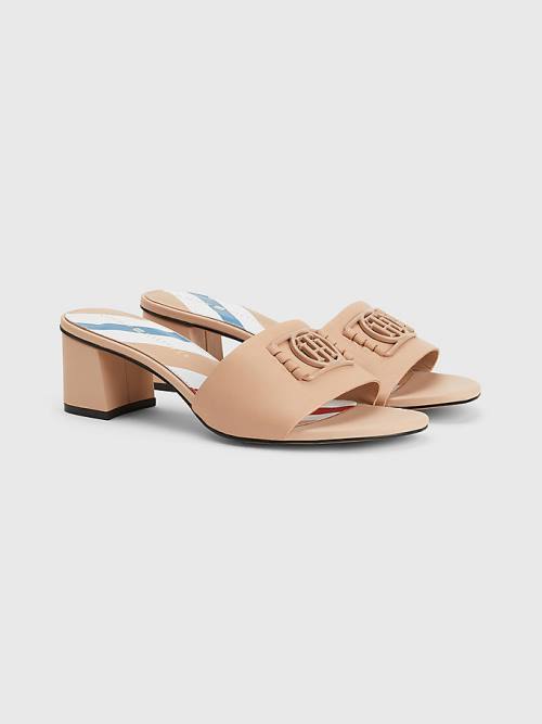 Beige Tommy Hilfiger TH Monogram Block Heel Leather Mules Women\'s Sandals | TH831ENR