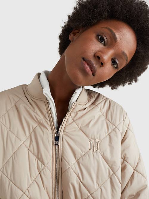 Beige Tommy Hilfiger TH Protect Longline Quilted Bomber Coat Women's Jackets | TH725RDC