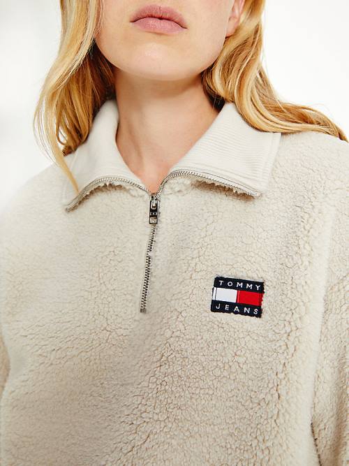 Beige Tommy Hilfiger Tommy Badge Boxy Plush Fleece Sweatshirt Women's Hoodie | TH350UPC