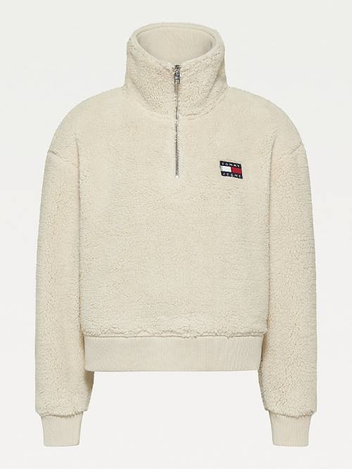 Beige Tommy Hilfiger Tommy Badge Boxy Plush Fleece Sweatshirt Women's Hoodie | TH350UPC