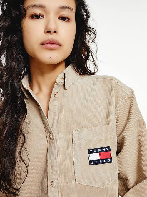 Beige Tommy Hilfiger Tommy Badge Corduroy Shirt Women's Dress | TH012IXW