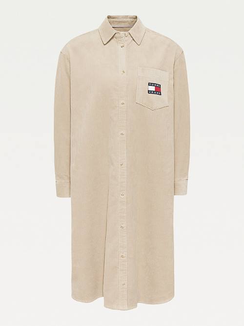 Beige Tommy Hilfiger Tommy Badge Corduroy Shirt Women's Dress | TH012IXW