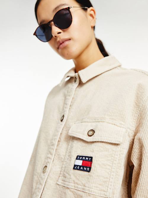 Beige Tommy Hilfiger Tommy Badge Corduroy Oversized Fit Overshirt Women's Shirts | TH148UTF