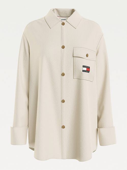 Beige Tommy Hilfiger Tommy Badge Corduroy Oversized Fit Overshirt Women's Shirts | TH148UTF