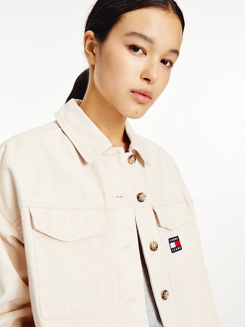 Beige Tommy Hilfiger Tommy Badge Cropped Fit Overshirt Women's Shirts | TH739VSN