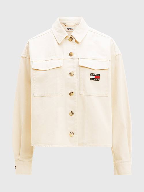 Beige Tommy Hilfiger Tommy Badge Cropped Fit Overshirt Women's Shirts | TH739VSN