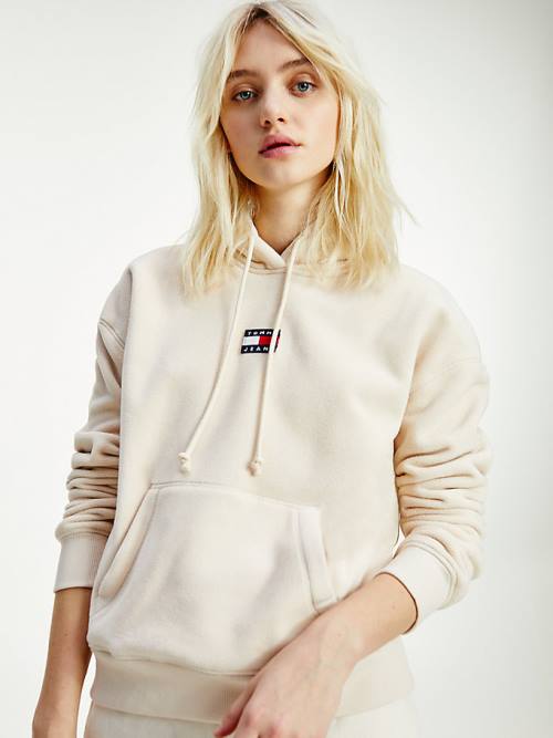 Beige Tommy Hilfiger Tommy Badge Fleece Women\'s Hoodie | TH086QAI