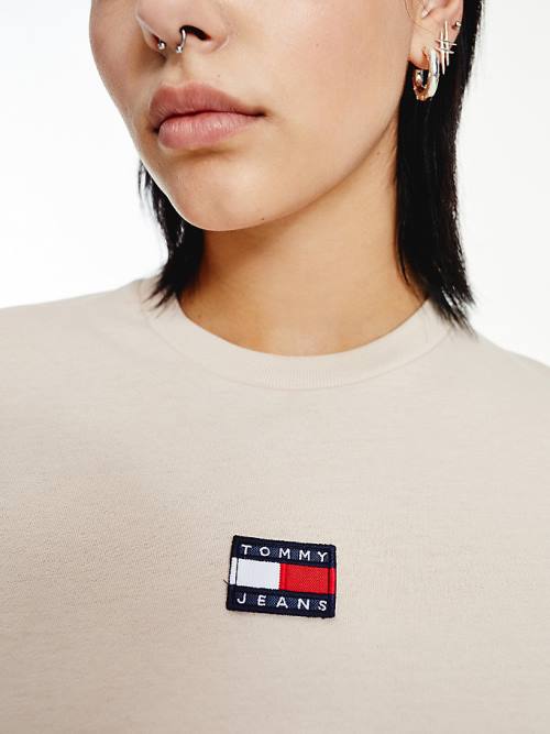 Beige Tommy Hilfiger Tommy Badge Long Sleeve Women's T Shirts | TH957OLN