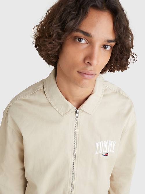 Beige Tommy Hilfiger Tommy Embroidery Organic Cotton Zip-Thru Men's Jackets | TH329KPJ