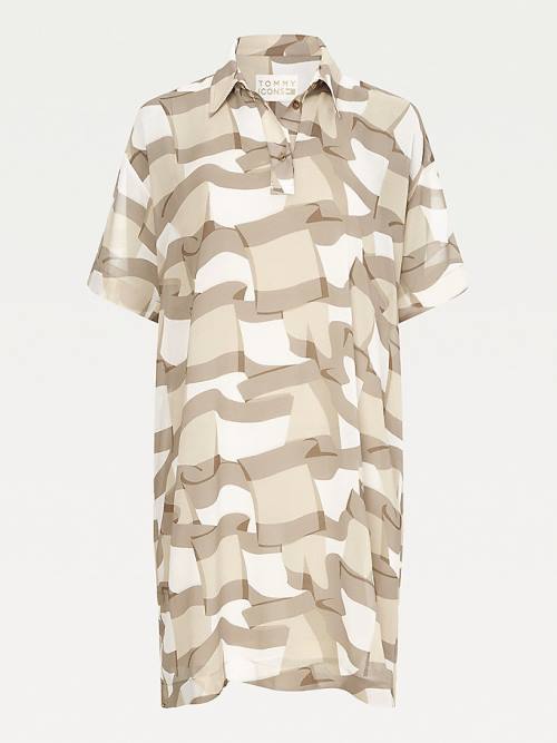 Beige Tommy Hilfiger Tommy Icons Chiffon Polo Women's Dress | TH710QPI