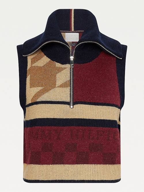 Beige Tommy Hilfiger Tommy Icons Patchwork Vest Women's Sweaters | TH218OMP