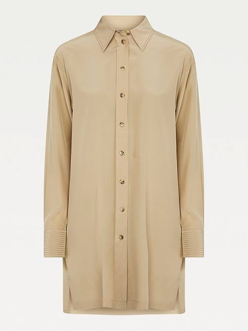 Beige Tommy Hilfiger Tommy Icons Silk Oversized Fit Women's Shirts | TH564CHI