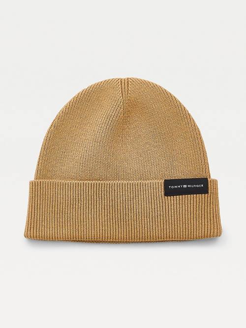 Beige Tommy Hilfiger Uptown Wool Cotton Beanie Men\'s Hats | TH194BLF